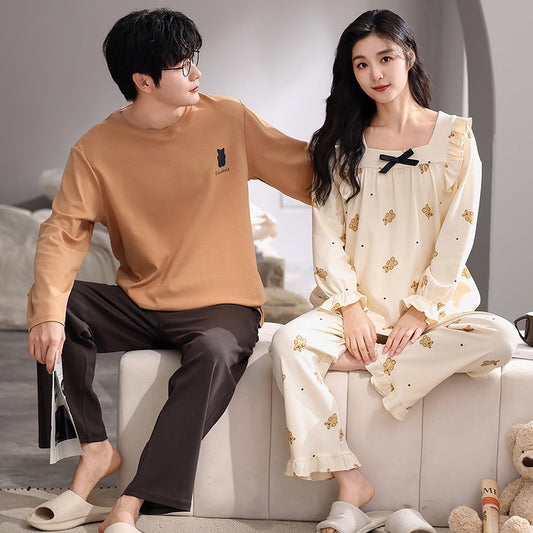 4-Piece Long Sleeve Couples Sleepwear Set 100% Cotton