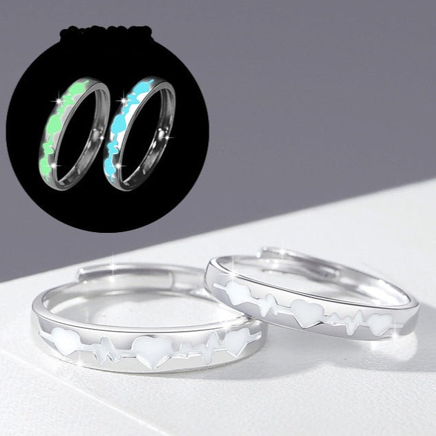 Luminous Heartbeat Rings Set - Solid Sterling Silver - Adjustable Size