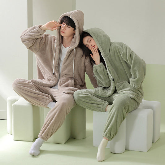 4-Piece Matching Warm Hoodie Couples Pajamas Set