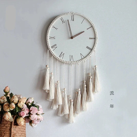 Nordic Macramé Tapestry Silent Wall Clock – Roman, Vertical