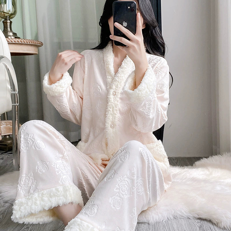 Women Pajamas Set – Luxury Embossed Rose Fleece Lounge Set