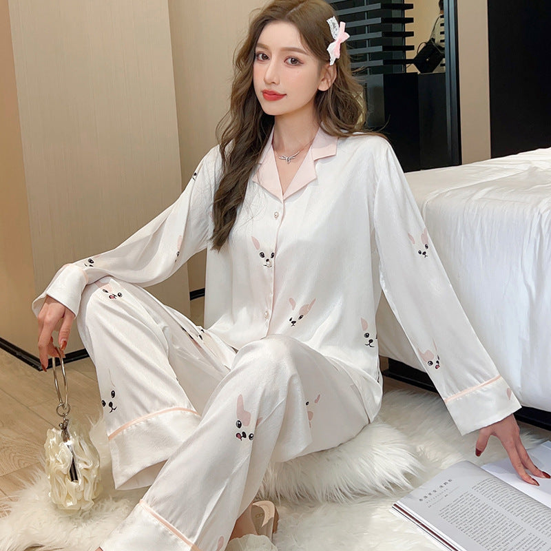 Women Pajamas Set – Bunny Print Satin Cooling Sleepwear