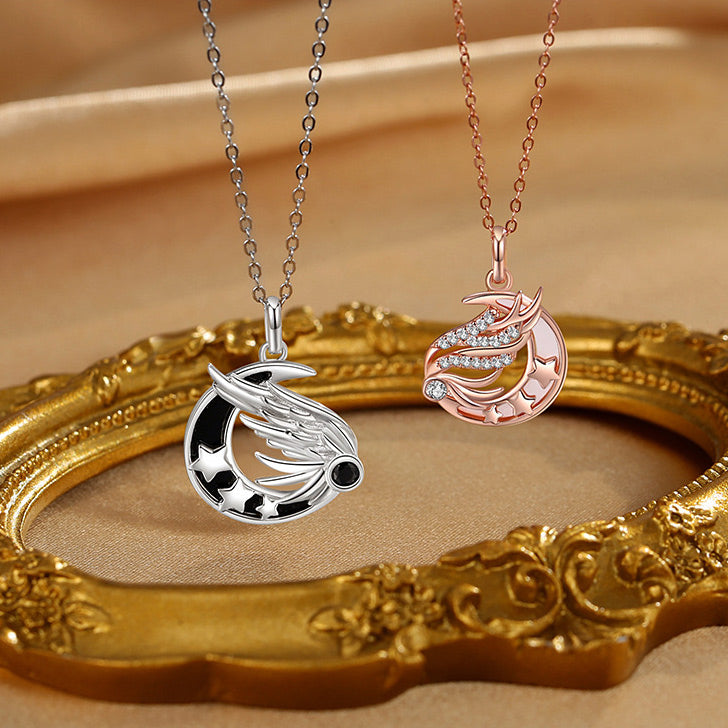 Engraved Matching Wings Moon Couple Necklaces Set