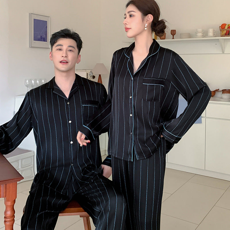 Urban Minimalist Faux Silk Couple Pajamas – Pinstripe Chic Sleepwear Set by Gullei