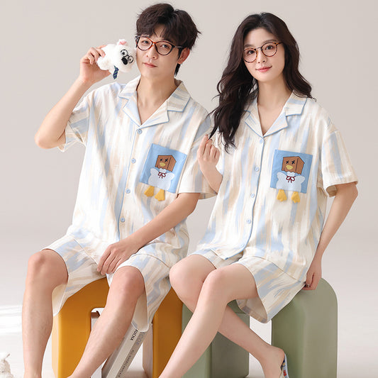 Cute Cartoon Couple Pajamas - Cotton Short Sleeve Cardigan