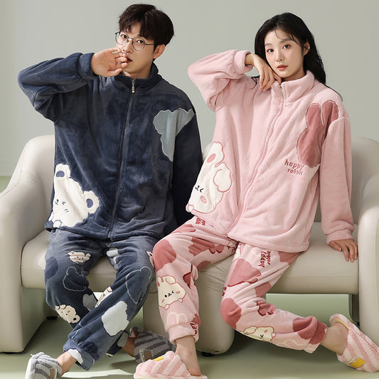 4-Piece Winter Thick Flannel Couples Cute Pajamas Set