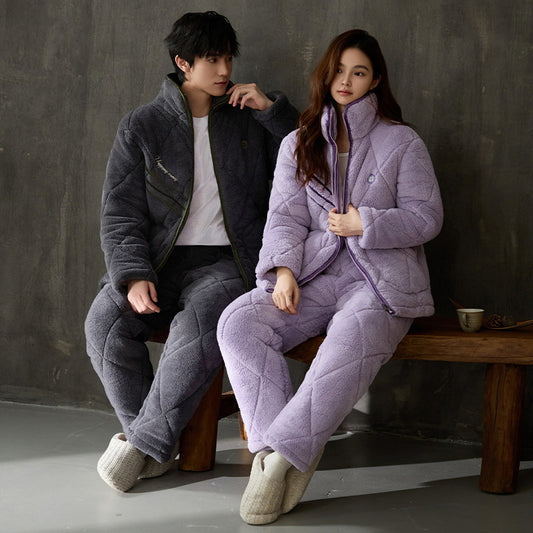 Gullei Quilted Coral Fleece Couple Pajamas – Warm & Cozy Winter Set
