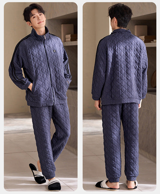 Sporty Quilted Couple Pajamas – Air Cotton Zip-Up Loungewear by Gullei