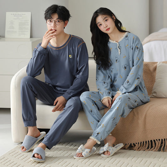 Blue Cartoon Waffle Cotton Couple Pajamas