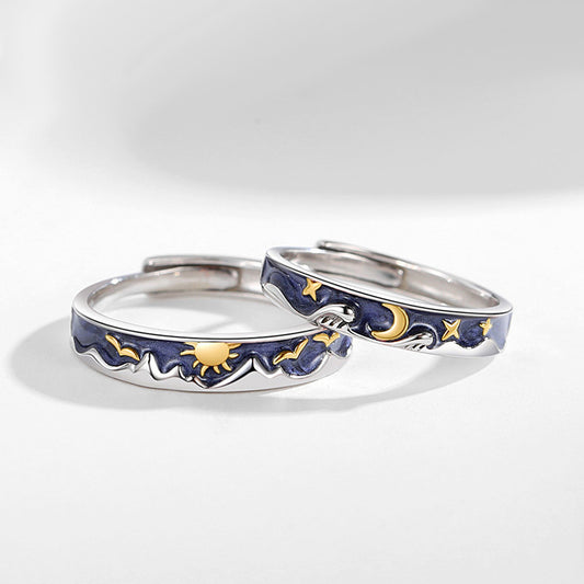Engraved Sun and Moon Couple Rings Set for Two - Adjustable Size