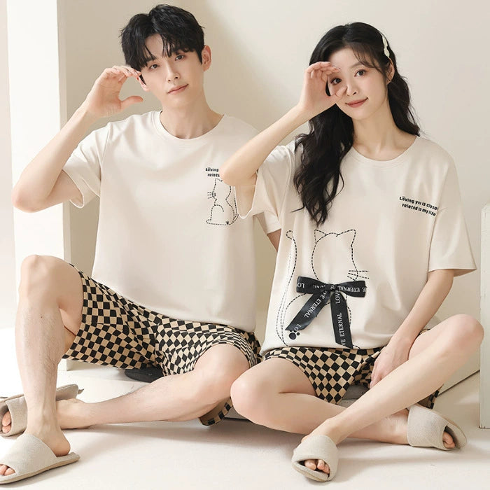 Cartoon Cat Couple PJs - 100% Cotton Summer Set