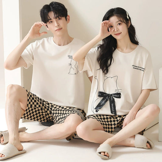 Cartoon Cat Couple PJs - 100% Cotton Summer Set