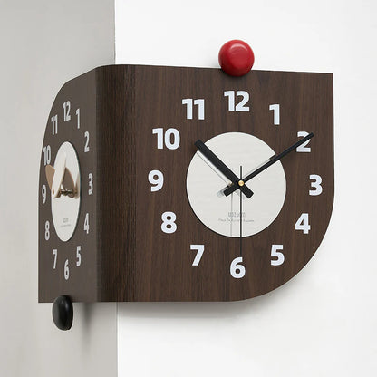 Corner Double-Sided Silent Wall Clock – Rich Brown (Dual Time)