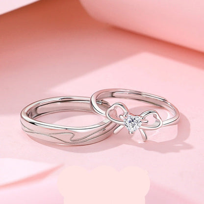 Sterling Silver Bow Couple Rings Set - Adjustable Size