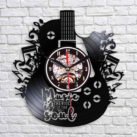 Music Theme Vinyl Record Silent Wall Clock – Retro Guitar Design for Music Lovers