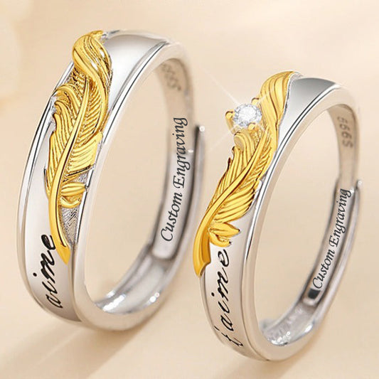 Matching Feather Couple Rings Set - Adjustable Size