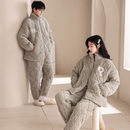Matching Winter Couple Pajamas Set – Quilted Triple-Layer Fleece with Cotton Padding