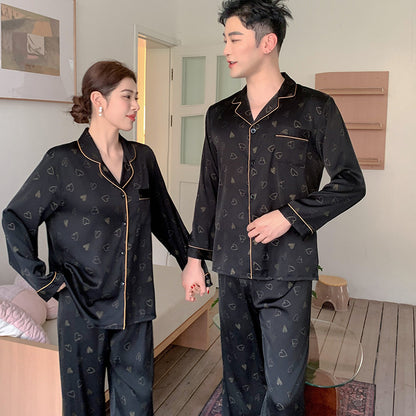 Romantic Minimalist Faux Silk Couple Pajamas – Heart Print Luxury Sleepwear Set by Gullei