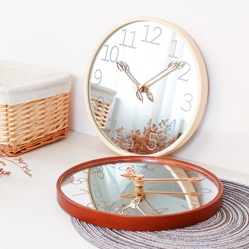 Nordic Mirror Silent Wall Clock – Solid Wood, 12"