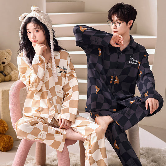 Long Sleeve Bear Print Couples Pajamas Set 100% Cotton