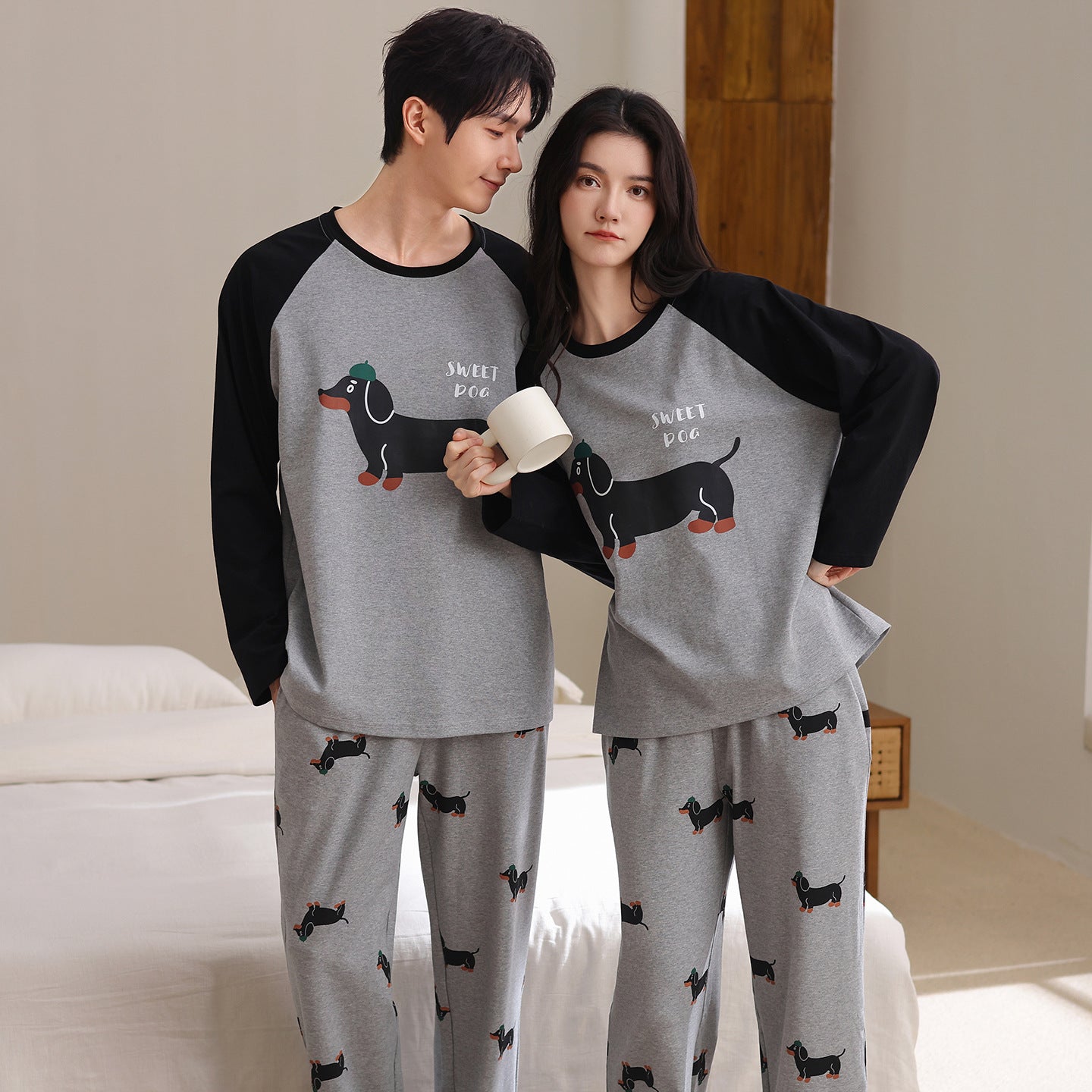 Pet-Lover Couple Pajamas – Cotton Sweet Dog Print Lounge Set by Gullei