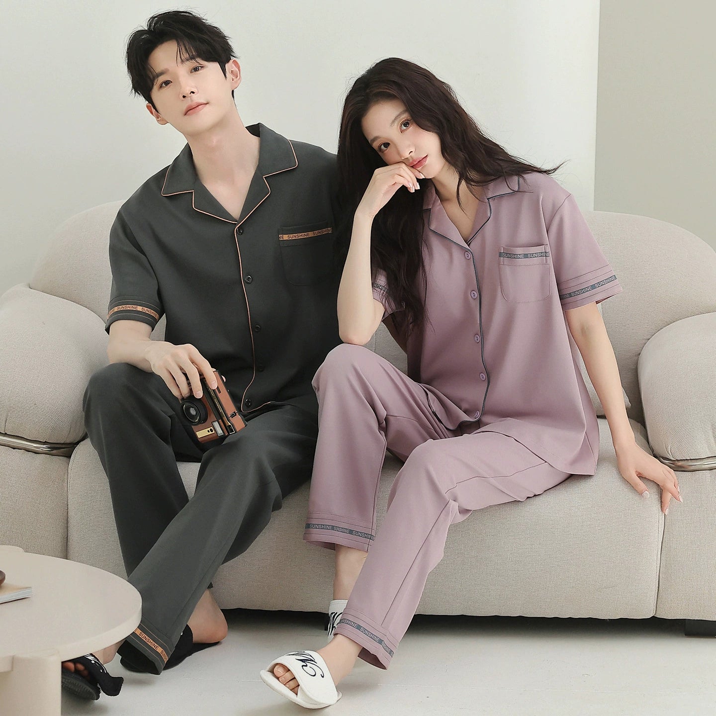 Minimalist Contrast Piping Cotton Couple Pajamas