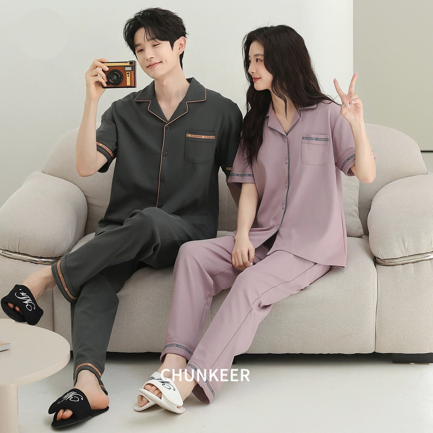 Minimalist Contrast Piping Cotton Couple Pajamas