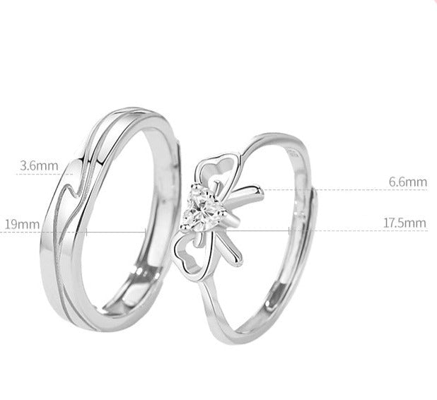 Sterling Silver Bow Couple Rings Set - Adjustable Size