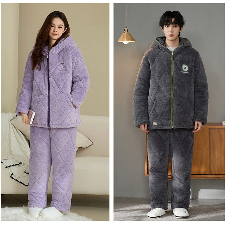 Minimalist Quilted Coral Fleece Couple Pajamas – Cozy Winter Set