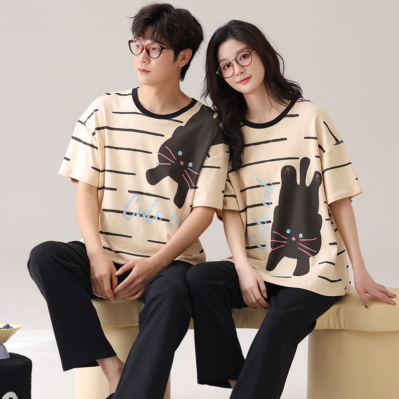 Cute Black Cat Couple Pajamas - Cotton Summer Set