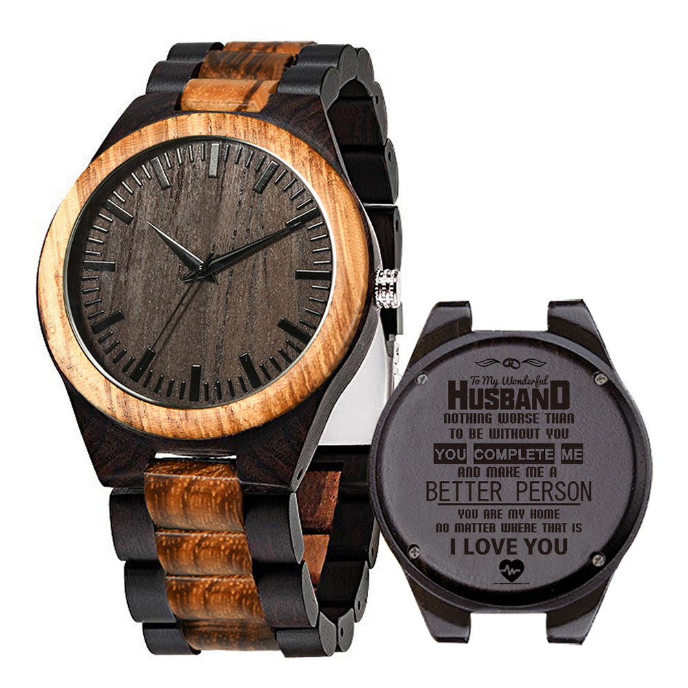 Engraved Wooden Mens Analog Watch