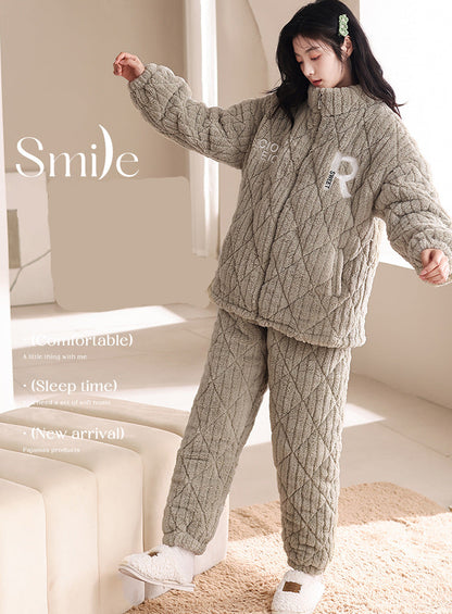 Matching Winter Couple Pajamas Set – Quilted Triple-Layer Fleece with Cotton Padding