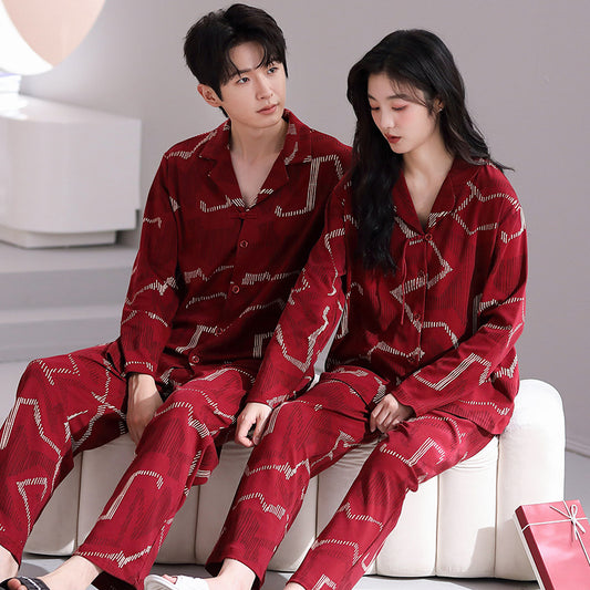 Long Sleeve Red PJs Set for Couples 100% Cotton