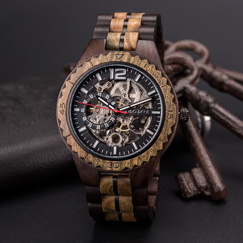 Engraved Skeleton Wood Couple Watch Set