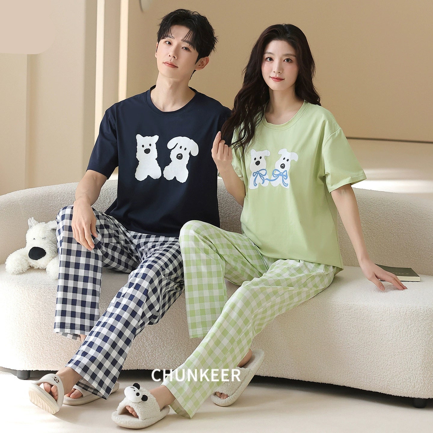 Cute Dog Graphic & Checkered Couple Lounge Set