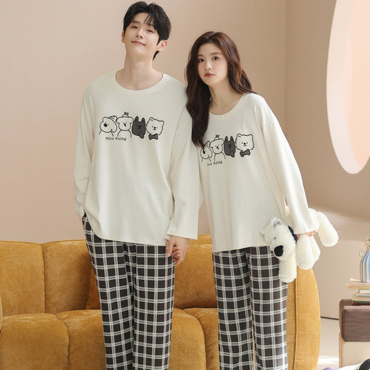 Matching Couple Pajamas Set – Cartoon Puppy Faces, Soft Cotton Comfort