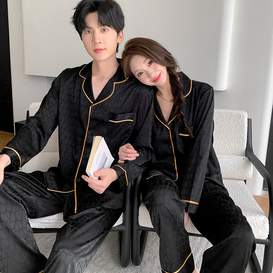 Matching Couple Pajamas – Geometric Jacquard Faux Silk Set with Gold Piping