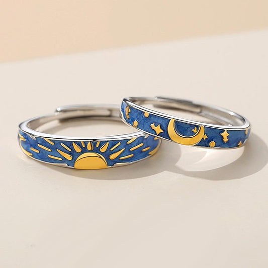 Sun and Moon Couple Wedding Bands Set - Adjustable Size