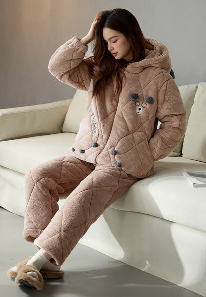 Gullei Bear-Ear Coral Fleece Couple Pajamas – Cozy & Playful Winter Set