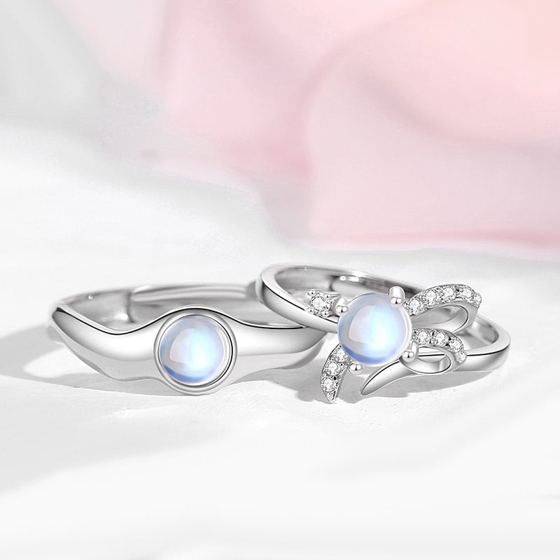 Engraved Moonstone Promise Rings Set for Couples