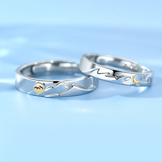 Engraved Sun and Moon Promise Rings Set for Two