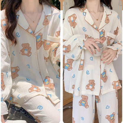 Cute Bears Button Up Pajama Set for Women