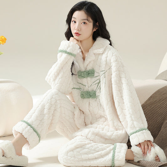 Women Pajamas Set – Plush Coral Fleece Frog Knot Loungewear