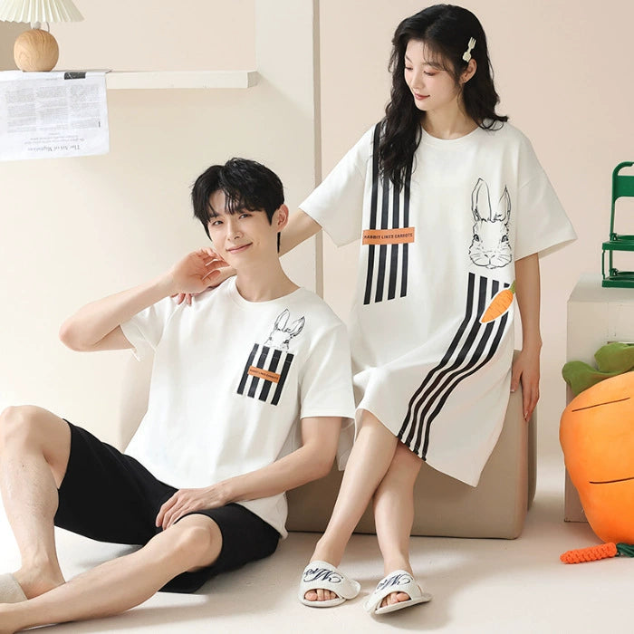 Rabbit Print Couple PJs - Cotton Tee & Dress Set