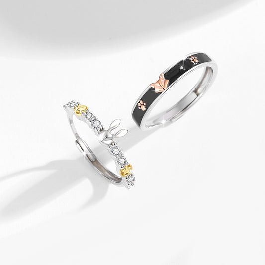 Matching Fox and Rabbit Romantic Rings Set for Two