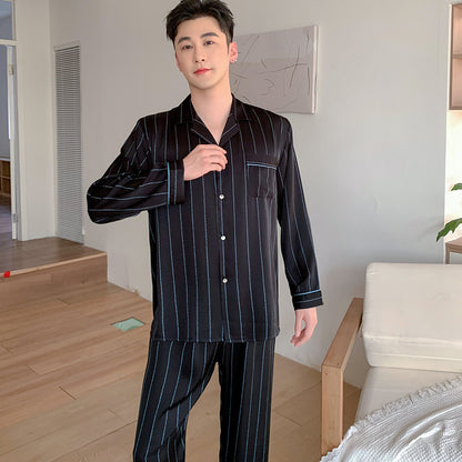 Urban Minimalist Faux Silk Couple Pajamas – Pinstripe Chic Sleepwear Set by Gullei