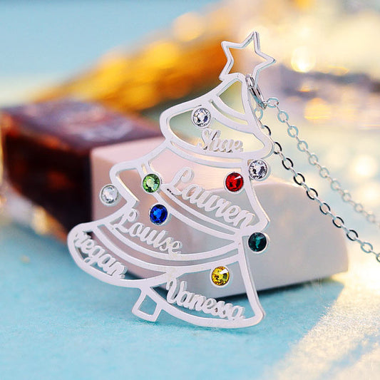 Family Tree Kids Name Engraved Necklace with Birthstones
