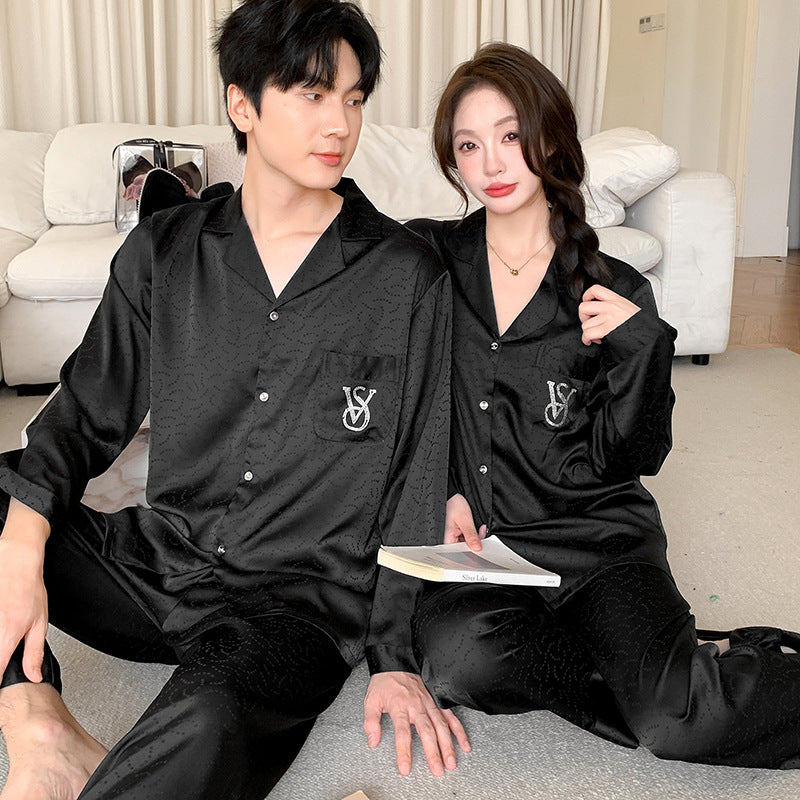 Matching Couple Pajamas – Embroidered Monogram Faux Silk Set for Couples