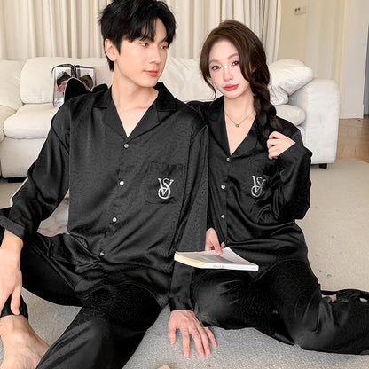 Matching Couple Pajamas – Embroidered Monogram Faux Silk Set for Couples