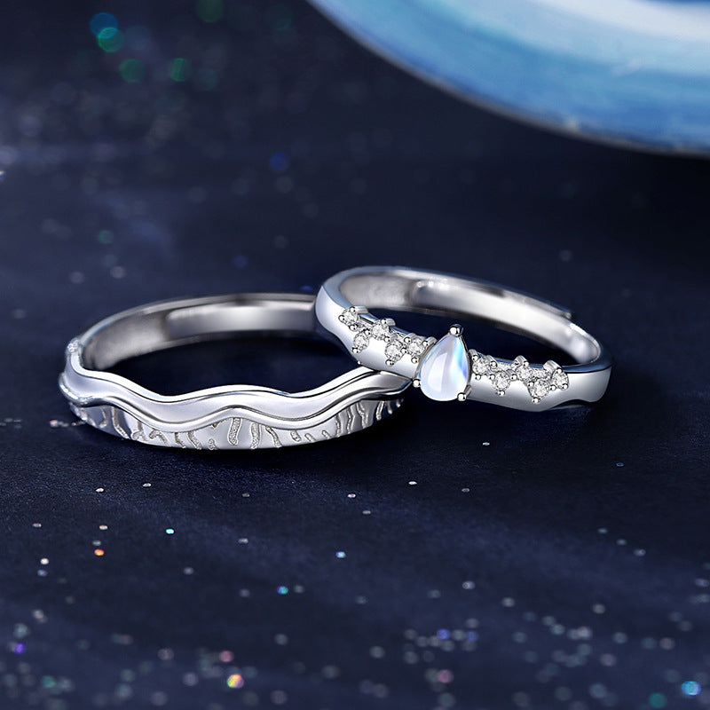 Engraved Moonstone Rings Set for Couples